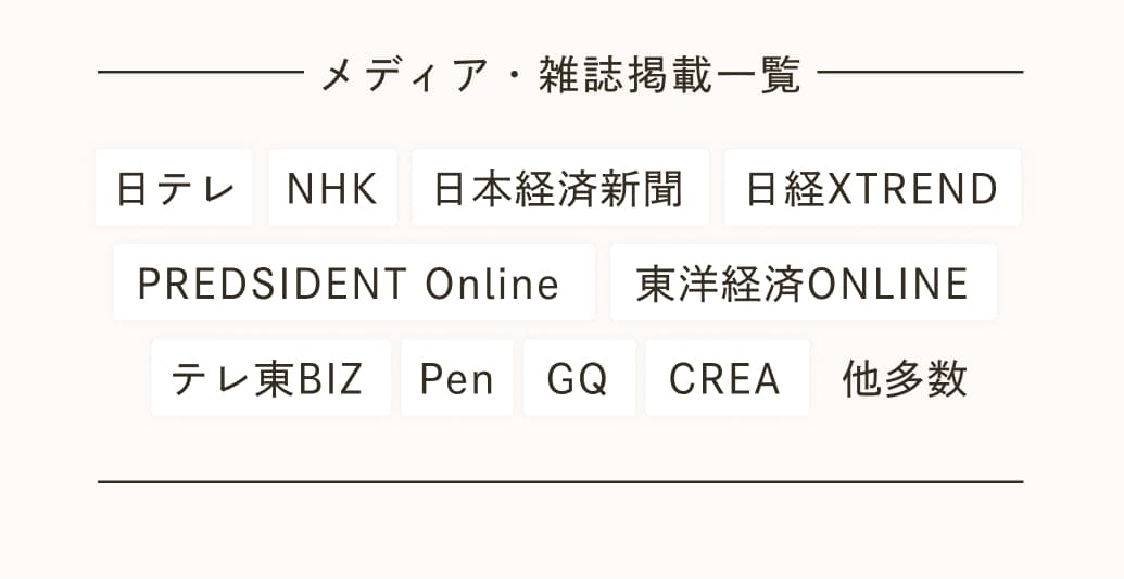 メディア・雑誌掲載一覧。日テレ・NHK・日本経済新聞・日経XTREND・PREDSIDENT Online・東洋経済ONLINE・テレ東BIZ・Pen・GQ・CREA・他多数